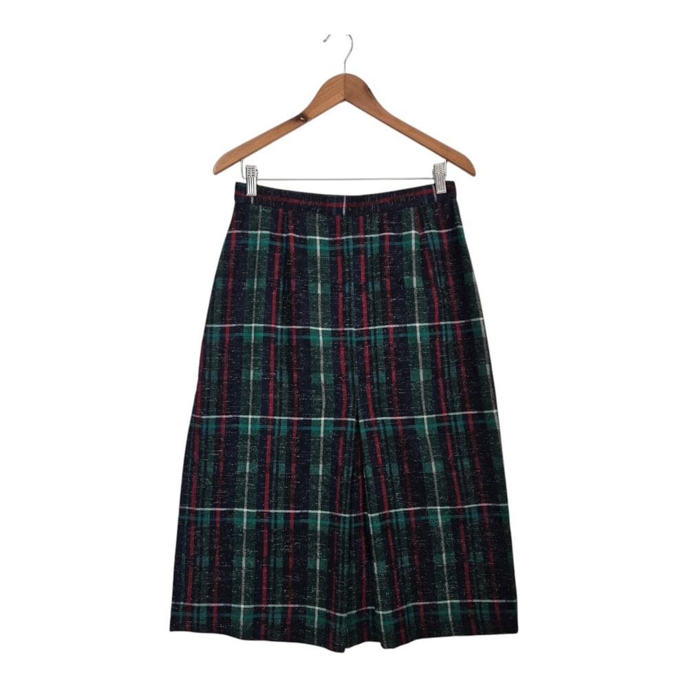 Vintage Plaid Midi Skirt 14* Green Tartan Wool Blend Dark Academia Preppy
